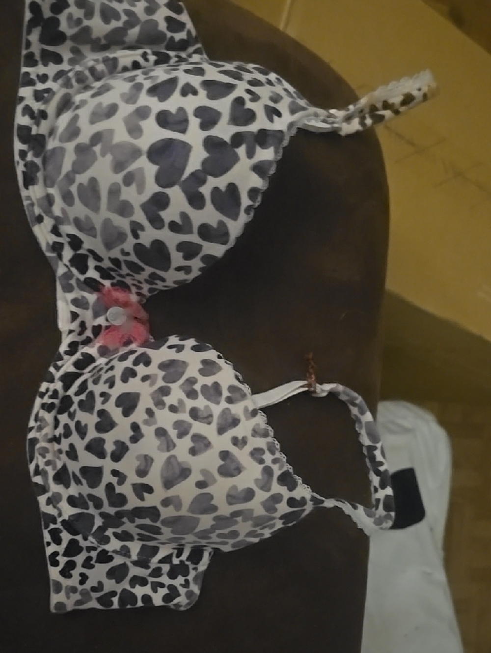 Victoria's Secret White and Black Heart Print Push-Up Bra with Pink Accent